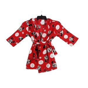 Disney Minnie Mouse Girls Red Hooded Fleece Robe XS(4) Polka Dot Print Flame Res